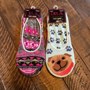 Vintage‎ Lola Ladies Multicolor Foot Liners 3 Pairs 2 Sets Size 9-11 Dog Novelty